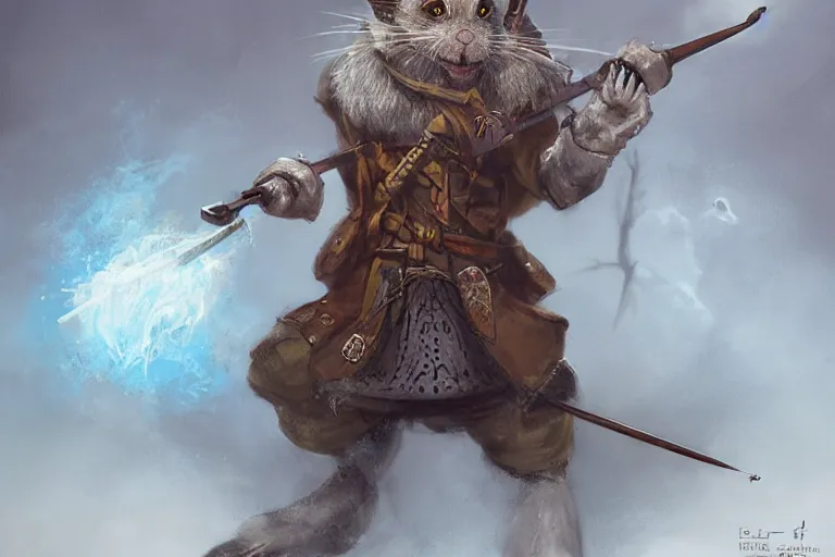 Image similar to dungeons and dragons fantasy painting, portrait of an ahigaru mouse with a matchlock, tanegashima, whimsical and cute, determined expression, watery eyes, anime inspired by krenz cushart, light grey fur, tufty whiskers, feathered arrows, bamboo forest, dawn lighting, by brian froud jessica rossier and greg rutkowski