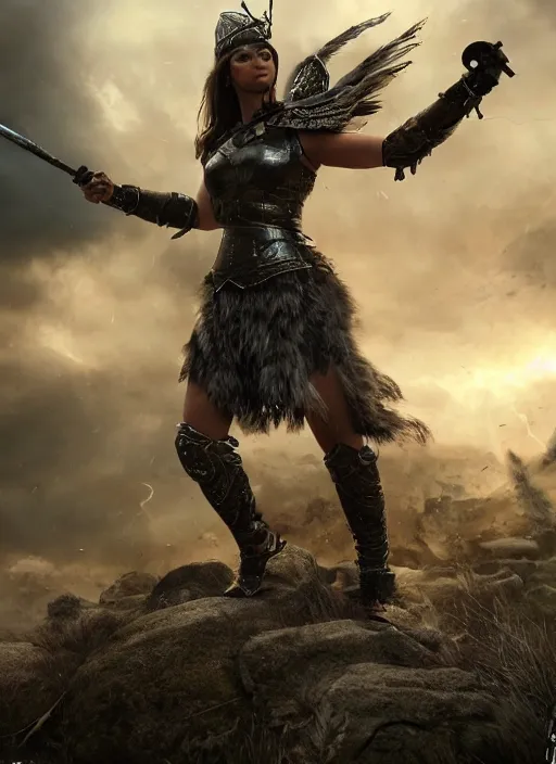 Image similar to angry valkyrie woman warrior in the aftermath battlefield, detailed scenic view, intricate details, hyper realistic, dramatic lightning, 8k resolution, cinematic composition, trending on artstation