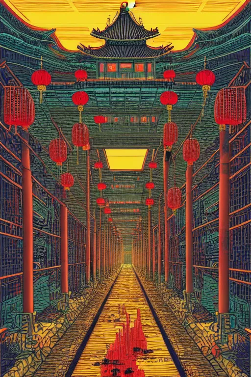 Prompt: artwork of a chinese prison by dan mumford and toshi yoshida and peter doig, symmetrical, vintage scifi, highly detailed, dramatic lightning,, 8 k