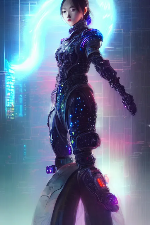 Image similar to portrait futuristic wuxia armor heroine Girl with thunder and fire sparkles and starlight, n future cyberpunk tokyo flowers sea rainning rooftop , ssci-fi, fantasy, intricate, very very beautiful, elegant, human structure, neon light, highly detailed, digital painting, artstation, concept art, smooth, sharp focus, illustration, art by tian zi and WLOP and alphonse mucha