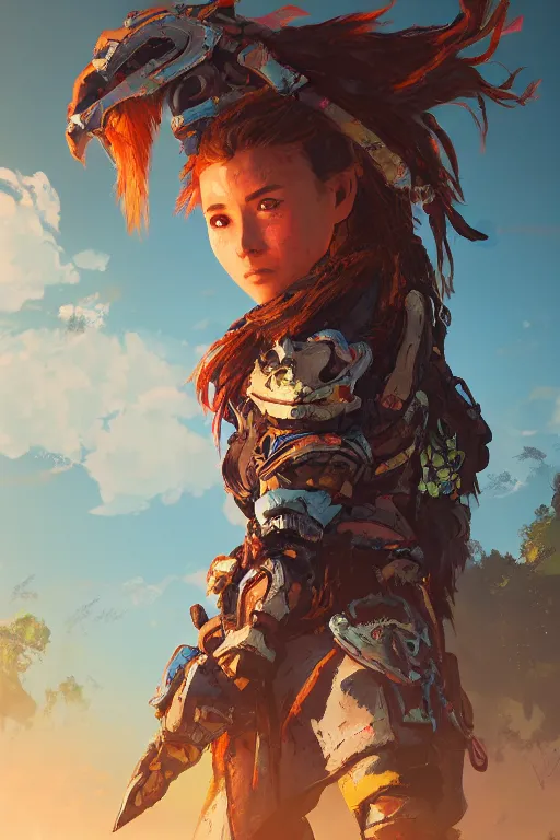 Image similar to combination suit armor aloy horizon forbidden west horizon zero dawn radiating a glowing aura global illumination ray tracing hdr fanart arstation by ian pesty and alena aenami artworks in 4 k tribal robot ninja mask helmet backpack