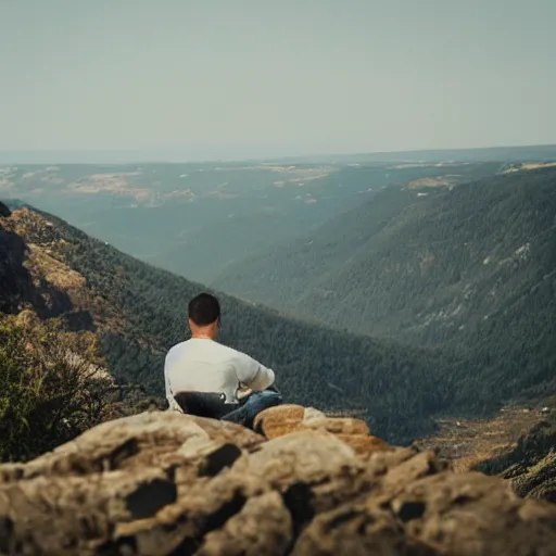 Image similar to man sitting on cliff looking at galaxy