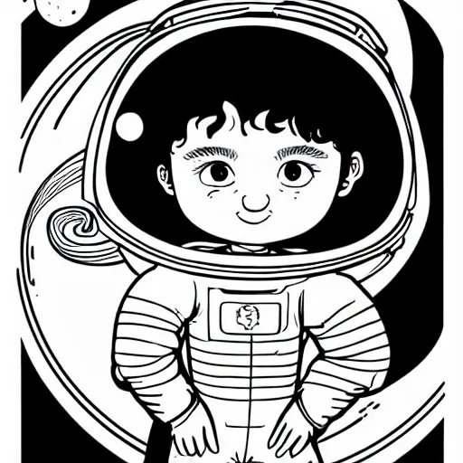 Image similar to clean simple line art of a little girl with wavy curly hair floating in space. she is an astronaut, wearing a space suit. white background. well composed, clean black and white line drawing, beautiful detailed face. illustration by josan gonzalez and steve ditko and greg rutkowski