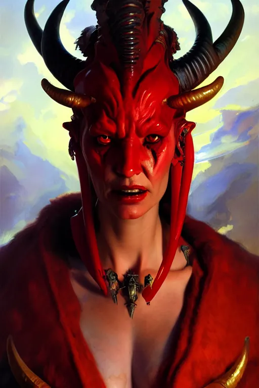 Image similar to painted close - up portrait of a very attractive red - skinned intimidating demon alien queen with ram horns! oil painting, wearing a noblewoman's outfit, fantasy art by john singer sargent and gaston bussiere and james jean and greg rutkowski, demon noble character design, hd