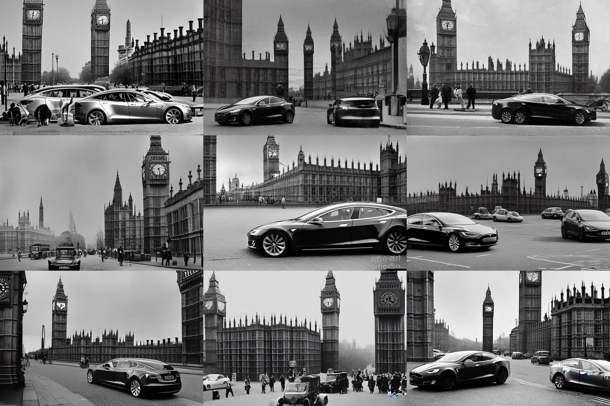 Prompt: 1900's photograph of latest tesla model s plaid on streets of london with big ben in the background, old photograph, detailed