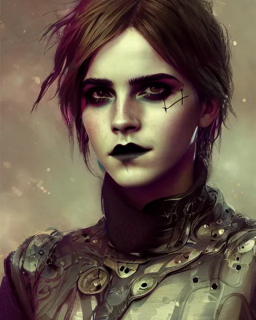 Image similar to goth cyberpunk portrait of emma watson, au naturel, hyper detailed, digital art, trending in artstation, cinematic lighting, studio quality, smooth render, unreal engine 5 rendered, octane rendered, art style by klimt and nixeu and ian sprigger and wlop and krenz cushart.