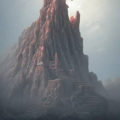 Prompt: a mystical temple, sitting atop a dusty mountaintop, in the style of keith thompson and zdzislaw beksinski, artstation hd, 8 k, surrealistic digital artwork - n 9