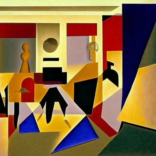 Image similar to by juan gris cinematic. a beautiful installation art of a large room with many people in it. there is a lot of activity going on, with people talking & moving around. the room is ornately decorated & there is a large window at one end.