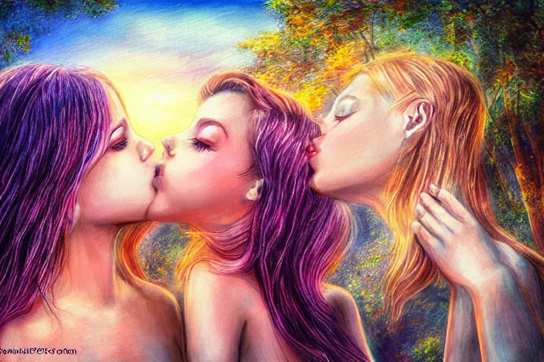 Prompt: girl kiss, fantasy, pen painting, ultra realistic!!!, hdr, clear weather, golden hour, sharp focus