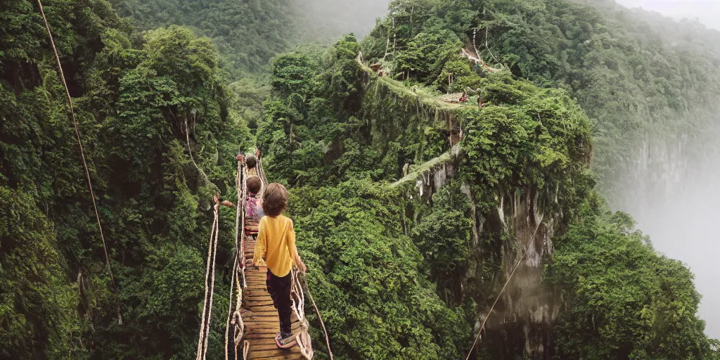 Prompt: an island of jungle cliffs with treehouses atop. tiered catwalks and rope bridges. kids in colorful war paint standing on the rope bridges. foggy valley and mountains fading into the distance, at sunset. waterfalls. neverland. 3 5 mm portrait film.