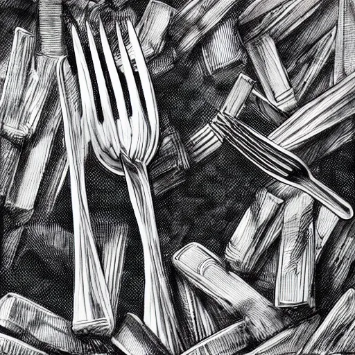 Image similar to a fork breaking, black and white ink, detailed, hyperrealistic trending on artstation