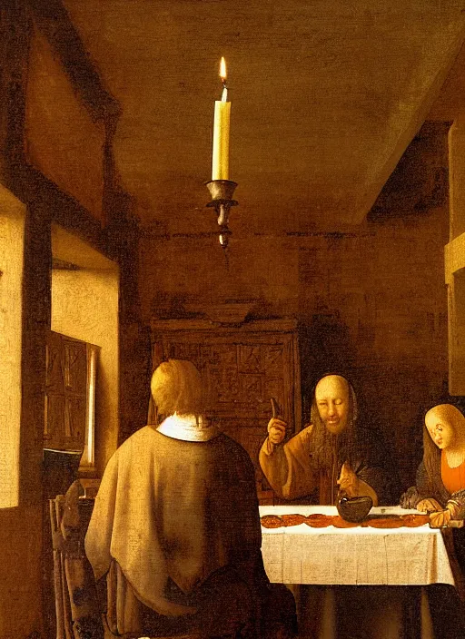 Image similar to a candlelit table at the inn, two people sitting at the table, swirling smoke, dark smoke, realistic, in the style of leonardo da vinci, dutch golden age, amsterdam, medieval painting by jan van eyck, johannes vermeer, florence