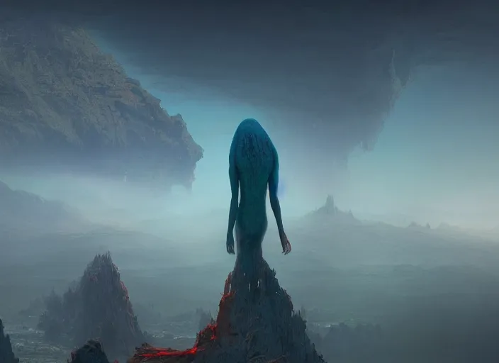 Image similar to rgb, tiny woman looking at a giant monster over the horizon, dynamic pose, on an alien planet, movie scene, inspired by zdzislaw beksinski, clothes made out of veins,, cables everywhere, bedroom, ultra realistic, concept art, intricate details, highly detailed, photorealistic, octane render, 8 k