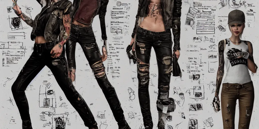 Prompt: halston sage fully tattooed, wearing scratched and ripped short leather jeans, wearing an aviator outfit with a smiley stamp, character sheet, fine details, props, concept design, contrast, kim jung gi, greg rutkowski, trending on artstation, 8 k, full body, turnaround, front, back, ultra wide angle