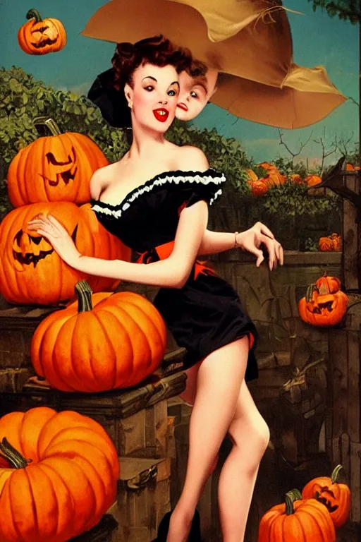 Prompt: a vampire shopping for pumpkins by gil elvgren, highly detailed oil painting, retro aesthetic, 1 9 5 0 s art print