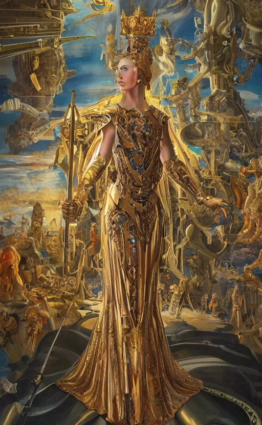 Prompt: mural of a beautiful young cyborg queen, stunning royal gown, golden sci fi royal staff, reaching towards the heavens, sci fi world, highly detailed holy imagery, renaissance mural, in the style of sandro boticceli