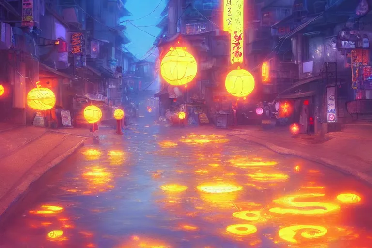 Image similar to fantasy art of glowing goldfish floating down the streets of a japanese town at night, by makoto shinkai, highly detailed digital art, trending on artstation