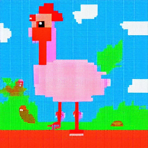 Prompt: pixel art chicken with a pink flamingo floatie around it