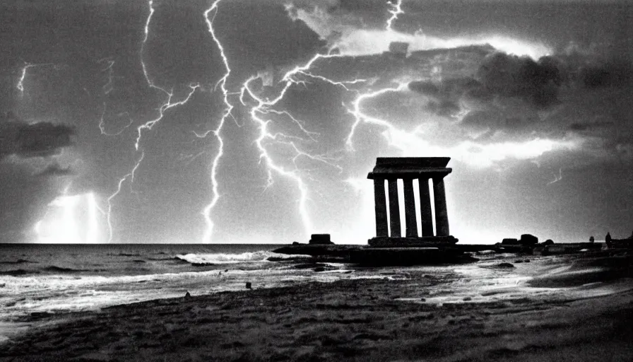 Image similar to A 1985 vintage magazine architecture photo of a beach doric temple, mediterranean architecture, refracted lines and sparkles, thunderstorm outside, beach on the background major arcana sky and occult symbols, hyperrealistic, award-winning, 1985