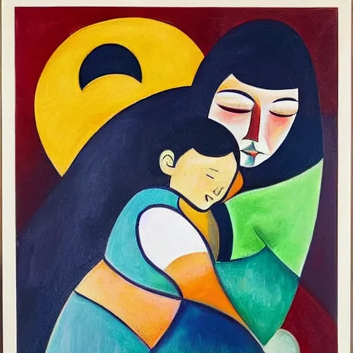 Prompt: woman hugs a child in the moonlight to protect him from the storm, high quality art in the style of cubism and georgia o’keefe,