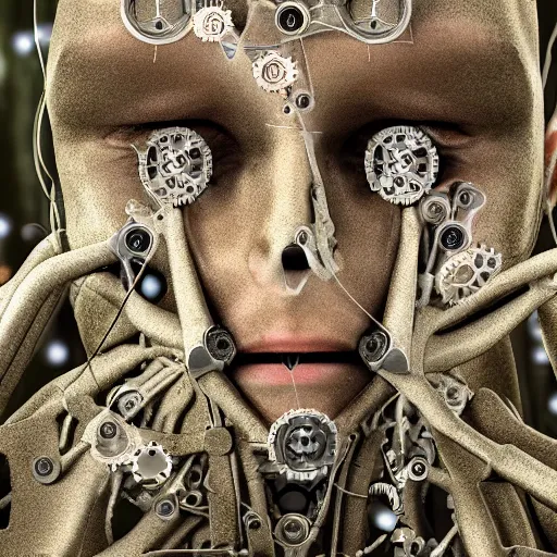 Prompt: very detailed portrait 55mm photo of a mechanical head without skin, optic fiber nerves, gears in his head and cybernetic enhancements with no plating. Packed with cybernetics. Has cameras for eyes. In the forest with bokeh. Ray tracing and tessellation. Very sharp high detailed 8k image