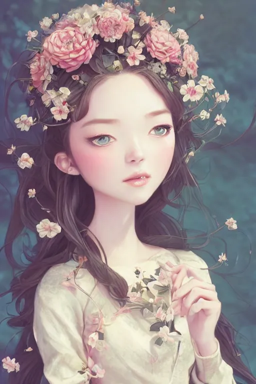 Image similar to romantic and fashion and love princess of the flower with sheath dress, 8 k realistic, teenager girl, baroque, symmetrical, flowing hair, smile, trending pinterest and pixiv, muted colors, hyperrealistic, l close up shot, character concept art, face by kyoung hwan kim, alexandra fomina, ilya kuvshinov