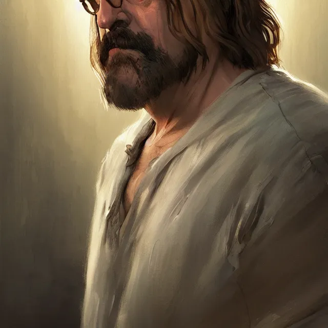 Prompt: painted portrait of the dude from the big lebowski, ancient magic temple hall background, upper body, fantasy intricate elegant extremely detailed digital painting trending artstation concept art sharp focus illustration art by gustave courbet greg rutkowski craig mullins