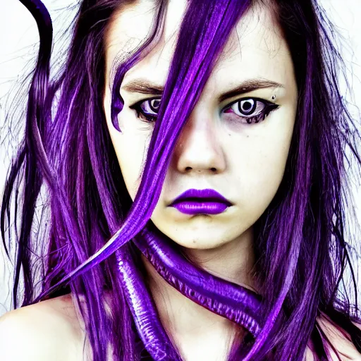 Image similar to detailed photo portrait of a furious teen girl with thin, hair-like purple tentacles on her head and bright purple eyes, 8k, trending on DeviantArt, face enhance,hyper detailed ,full of colour, dramatic lightning