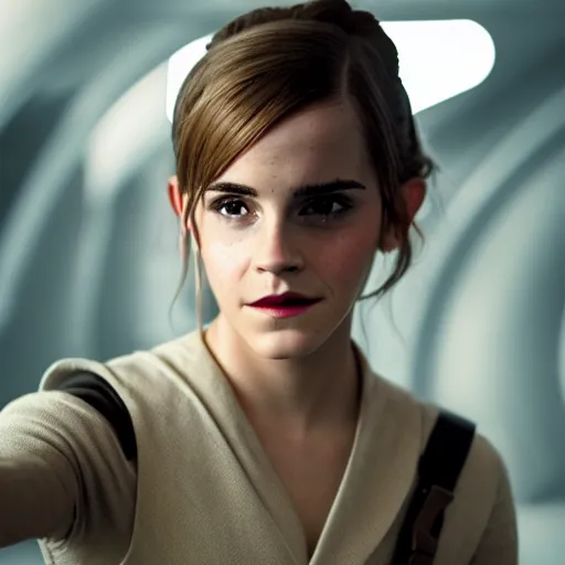 Prompt: Emma Watson in Star Wars, XF IQ4, 150MP, 50mm, f/1.4, ISO 200, 1/160s, natural light, Adobe Photoshop, Adobe Lightroom, DxO Photolab, Corel PaintShop Pro, polarizing filter, Sense of Depth, AI enhanced, HDR