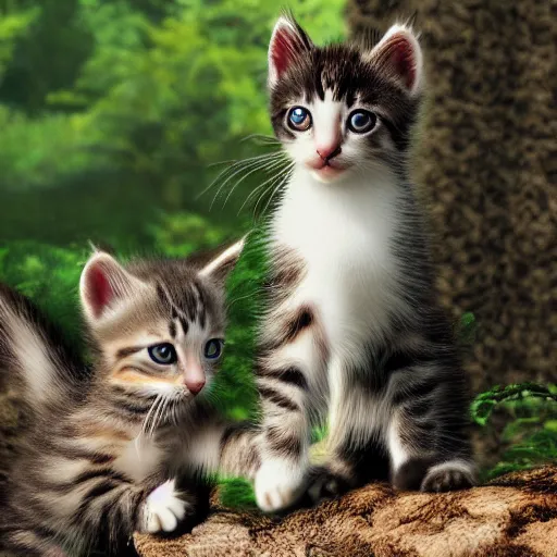 Prompt: kittens playing in a forest, photorealistic, 4 k, cute