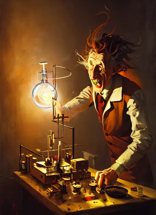 Image similar to mad scientist performing a experiment by otto dix and greg rutkowski and andreas rocha, cinematic lighting, highly detailed, warm colours, 8 k