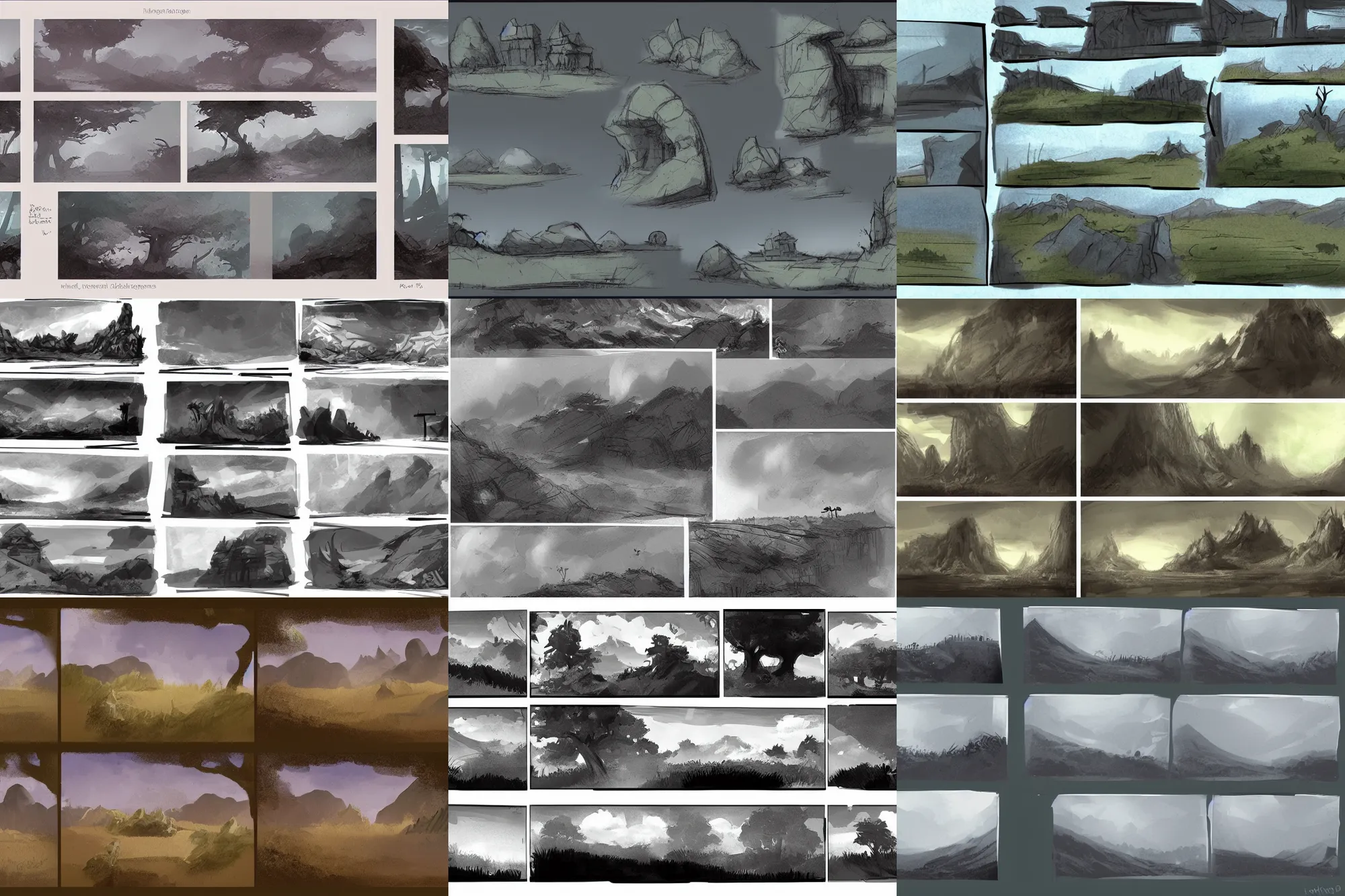 Prompt: landscape composition thumbnails for concept art