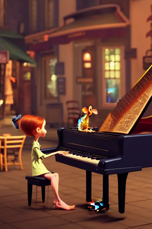 Prompt: the girl playing piano on a bar. pixar disney 4 k 3 d render funny animation movie oscar winning trending on artstation and behance. ratatouille style.