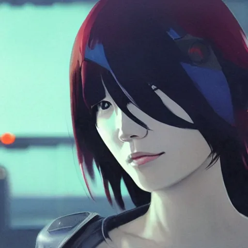 Prompt: a film still of a japanese cyberpunk girl with a smirk, finely detailed features, aviators, closeup at the faces, dramatic cinematic, at cyberpunk city, ghost in the shell, trending on pixiv fanbox, painted by greg rutkowski makoto shinkai takashi takeuchi craig mullins, alphonse mucha, studio ghibli, pixiv
