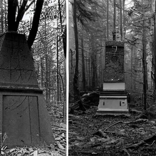 Image similar to old photograph of an occult alien shrine in an eerie forest with an astronaut standing in front of the shrine