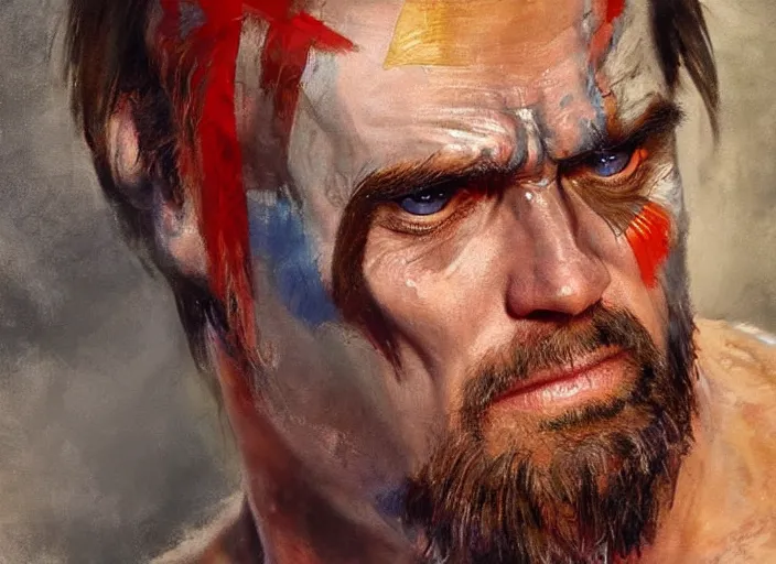 Image similar to a highly detailed beautiful portrait of jim carrey as kratos, by gregory manchess, james gurney, james jean