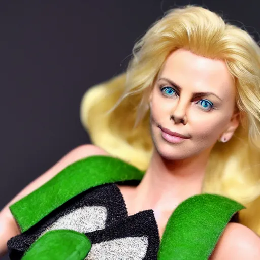 Prompt: charlize theron as a muppet. highly detailed felt. hyper real photo. 4 k