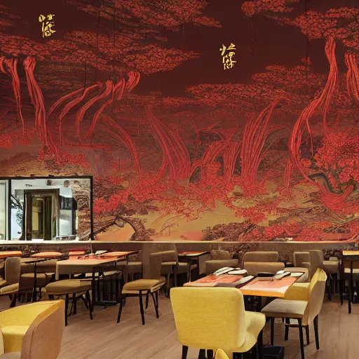 Image similar to a beautiful hyperdetailed interior 4 k hd wallpaper illustration of roasted string hotpot restaurant restaurant yan'an, wall painting, from china, with merchant logo, fine delicate structure, chinese style, victo ngai