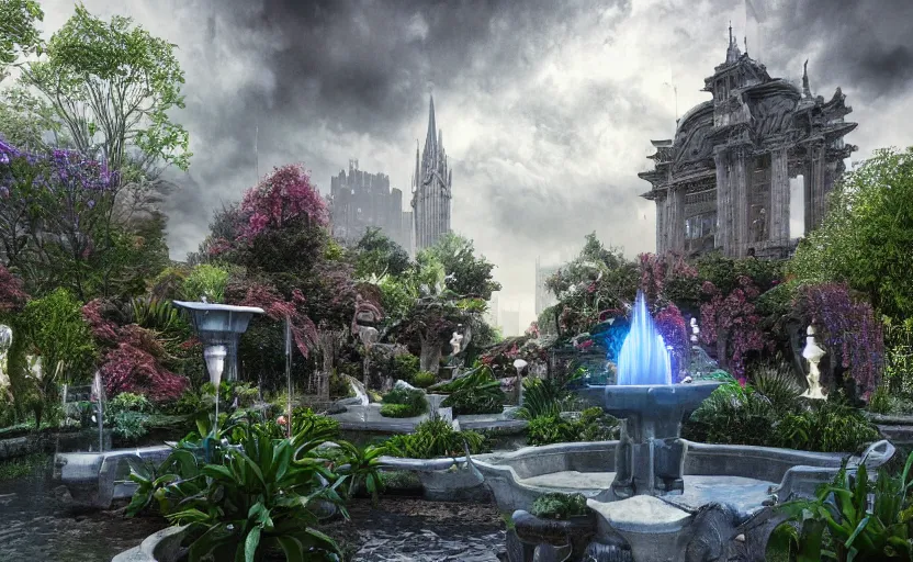 Image similar to A beautiful garden, next to a fountain and a mystical palace, hyperrealistic mixed media, stunning 3d render inspired art by P. Craig Russell and Barry Windsor-Smith + perfect facial symmetry + dim volumetric lighting, 8k octane beautifully detailed render, post-processing, extremely hyperdetailed, intricate futuristic mechanic parts, epic composition, grim yet sparkling atmosphere, cinematic lighting + masterpiece, trending on artstation