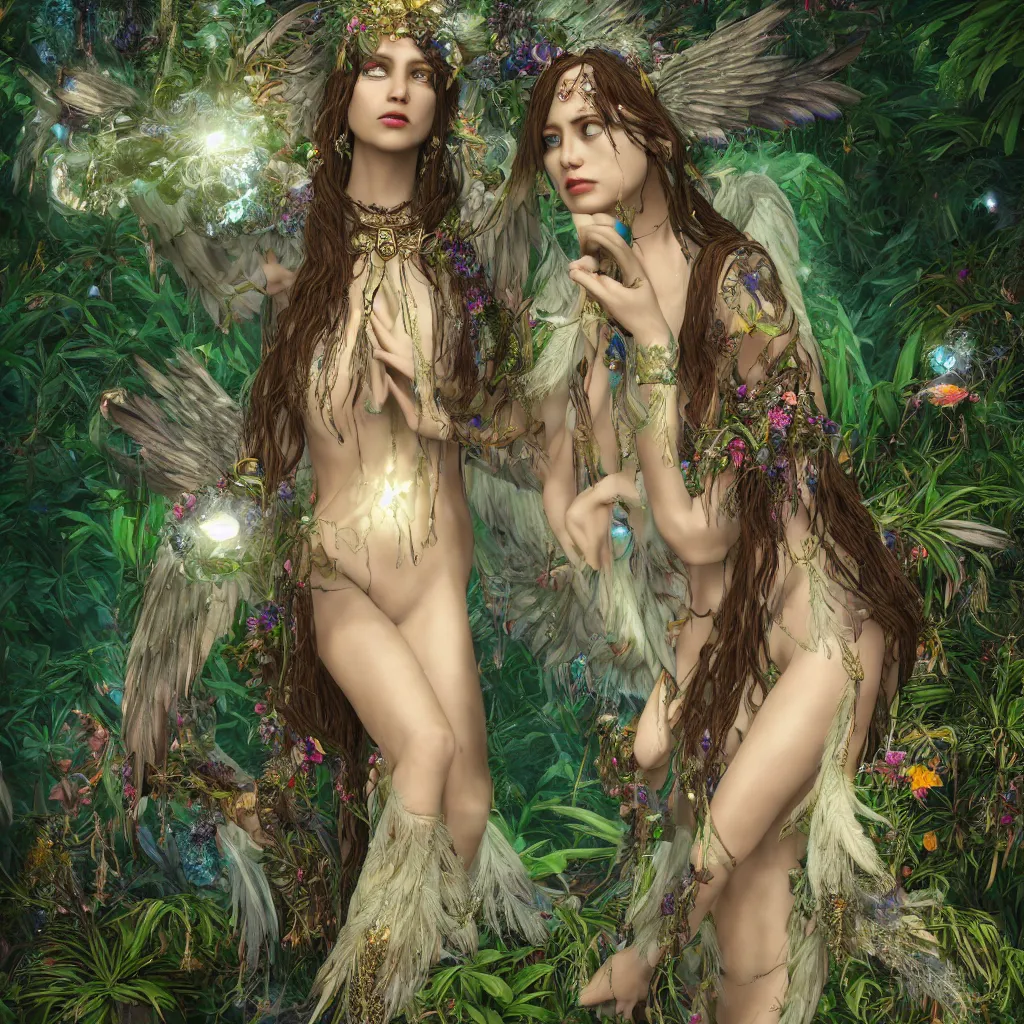 Prompt: single full body wiccan high priestess with angelic face, super fine details and intricate jewelry with feathers and crystals, ethereal, in clear water surrounded by lush plants flowers and phoenix birds, divine realm of gods, solarpunk realistic cinematic style, filmed in 70mm, volumetric lighting, octane render, photographic, concept art, artist Leonardo DaVinci, unreal engine, 8k