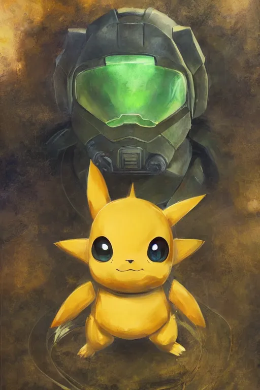 Prompt: raichu pokemon playing as master chief, oil on canvas, intricate, 8 k highly professionally detailed, hdr, cgsociety