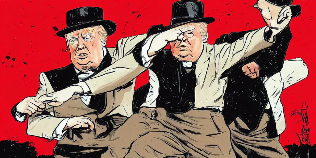 Prompt: Winston Churchill teaching Trump karate. Epic painting by James Gurney and Laurie Greasley.