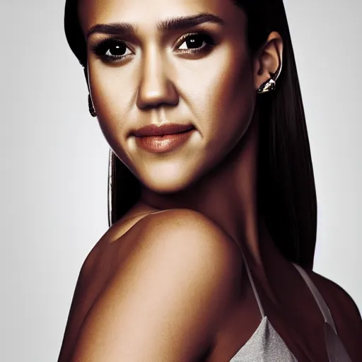 Image similar to Fully-clothed full-body portrait of Jessica Alba, XF IQ4, 50mm, F1.4, studio lighting, professional, 8K