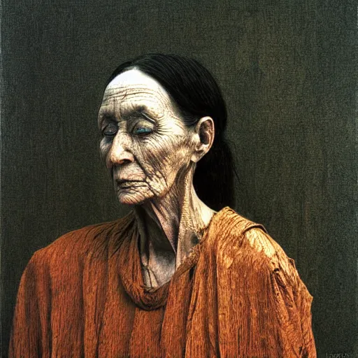 Prompt: portrait of 130 years old girl, painting by Beksinski