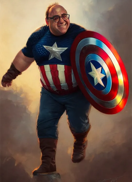 Image similar to Portrait of Fat Danny Devito with his belly sticking out as Captain America, He is Holding his shield while posing, realistic, detailed, 4k by Greg Rutkowski Mark Arian trending on artstation