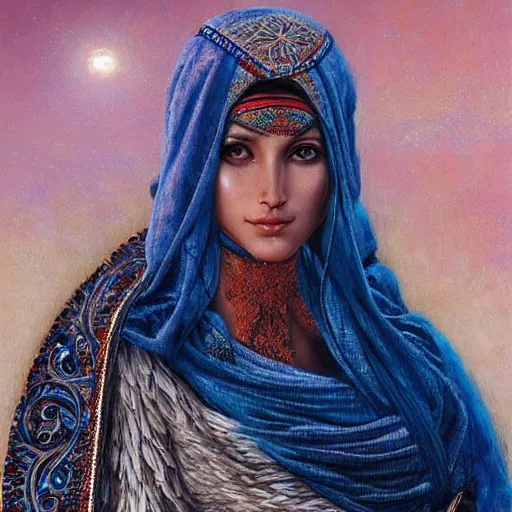 Image similar to a beautiful touareg algerian woman by karol bak, ayami kojima, artgerm, sakimichan, arabian beauty, blue eyes, smile, concept art, fantasy