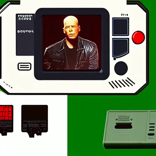 Prompt: the box for a Gameboy videogame that just loads a picture of Bruce Willis, no other gameplay features