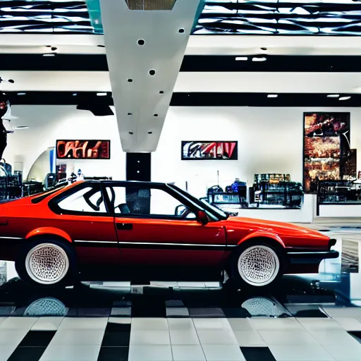 Prompt: bmw m 1 inside a mall, professional photography, vaporwave