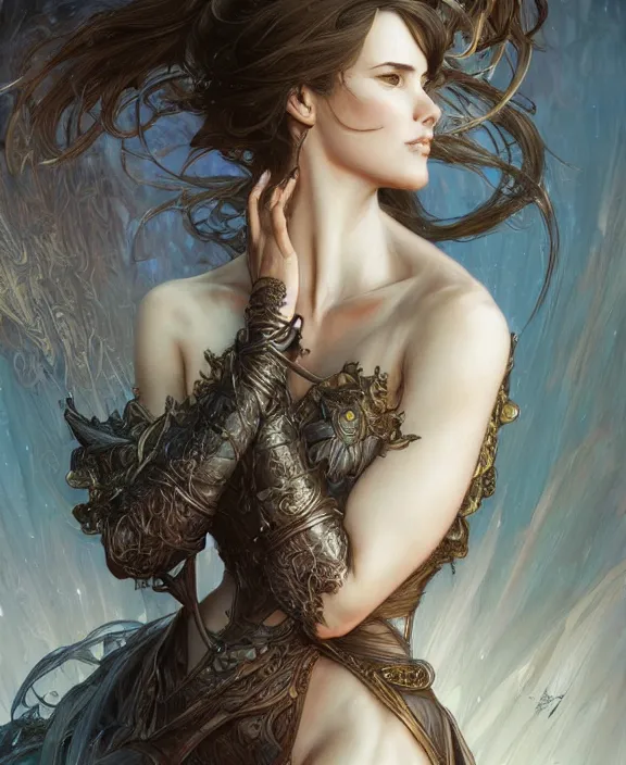 Image similar to portrait of a fantasy woman, half body, d & d, fantasy, intricate, elegant, highly detailed, digital painting, artstation, concept art, art by artgerm and greg rutkowski and alphonse mucha, luis royo