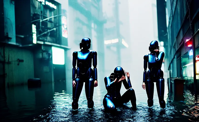 Prompt: cinestill 5 0 d candid photographic portrait by steve mccurry of two loving female androids sobbing wearing rugged black mesh techwear in treacherous waters, flooded city, long shot, retrofuturism cyberpunk moody emotional cinematic, pouring iridescent rain bright spotlight helicopter, 8 k, hd, high resolution, 3 5 mm, f / 3 2, ultra realistic faces, ex machina